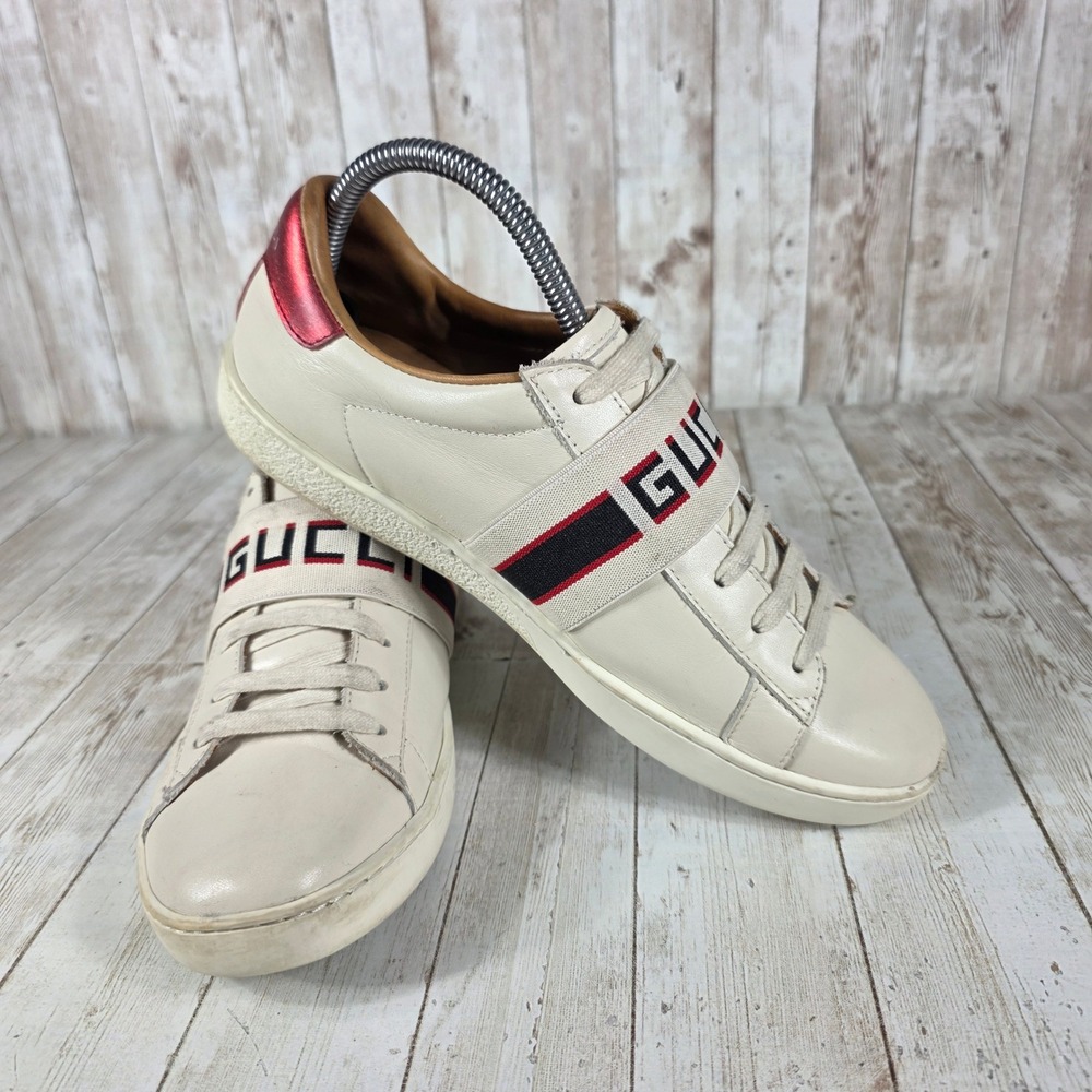 Gucci Sneakers Women's Cream Leather Red Metallic Accent Low Top‎ Designer Shoes - Picture 6 of 8